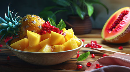 An exquisite arranged set of fruits in a bowl pineapple slices, pomegranate grains and pieces of m.の素材