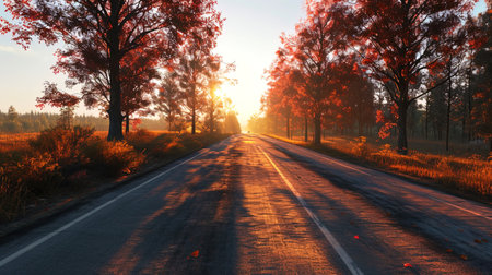 A moment on the road, where the last rays of the sun give trees and bushes on the side of the side.の素材