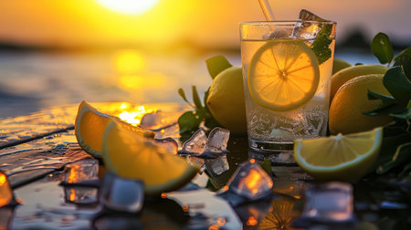 A photograph of refreshing lemonade with ice cubes, against the background of summer sunset, invit.の素材