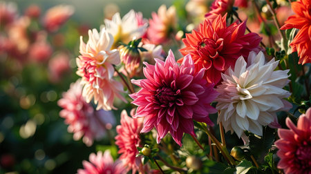 A mixture of red, pink and white dahlia in the field creating an enchanting show of flowers.の素材