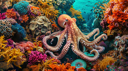 A photograph of an octopus among multi colored corals creates the impression of an underwater carn.の素材
