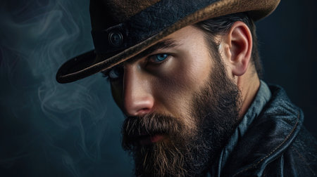 A man with a creative hat and a carefully well groomed beard, sophistication and unpredictability.の素材