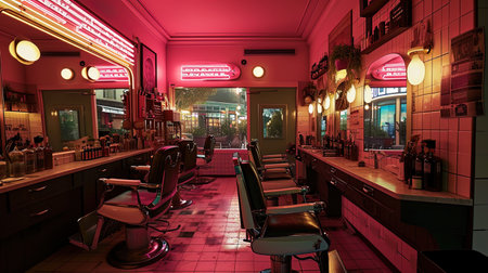 A photograph of a barbershop with a warm pink neon creating a cozy and relaxing space.の素材