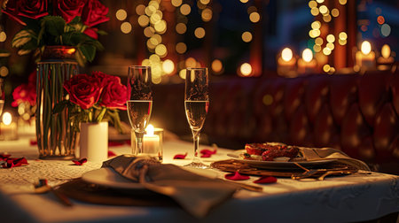 An ideal romantic corner: a table in a restaurant decorated with roses and candles, with beautiful.の素材