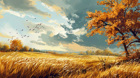 Autumn sketch a farmer field in autumn decoration, with golden and brown shades reminiscent of col.の素材