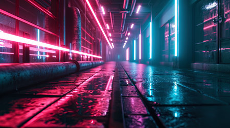 A lot of neon rays, creating a sense of the future and prospects into an unknown distance.の素材