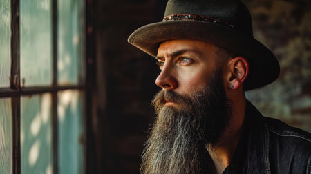 A portrait of a modern gentleman with a long beard and a fashionable hat, giving his appearance a.の素材