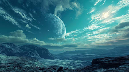 A planet on which noon resembles a blue dusk, and the sky is dotted with luminous clouds.の素材