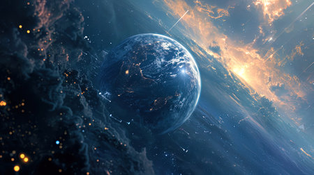A planet surrounded by an atmosphere that makes the sounds of musical notes, creating a harmony of.の素材