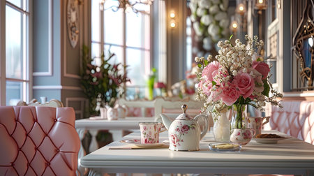A table in a restaurant, decorated in delicate pastel colors, with decorative elements and exquisi.の素材