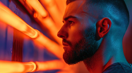 A portrait of a strong and elegant man, whose haircut stands out in contrast with orange neon line.の素材