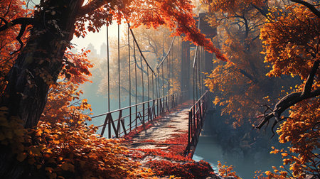 A promising view of the bridge framed by autumn trees with orange and red leaves.の素材