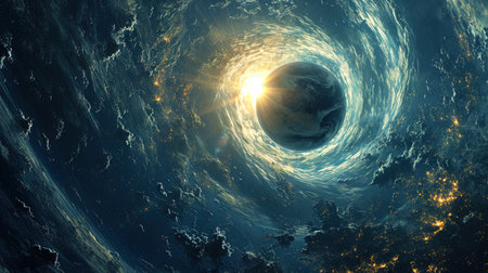 A planet surrounded by a luminous light spiral rotating around it.の素材