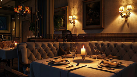 A romantic corner in a restaurant with sofas and candles, where the table is set for a unique even.の素材