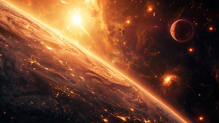 A planet on which several suns shine, creating a bright light mosaic pattern.の素材
