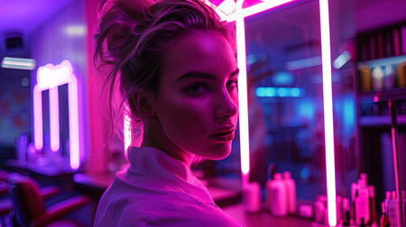 A portrait of a stylish lady in a neon barbershop, where purple light elements give her sophistica.の素材