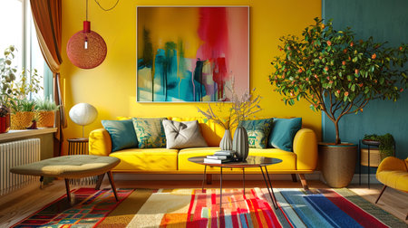 A unique living room with a sofa and a colorful picture inspired by contemporary art and creative.の素材