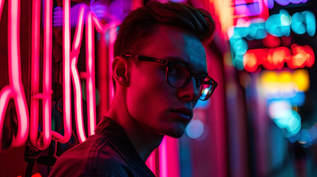 A portrait of a confident man with a fashionable haircut against the backdrop of neon inscriptions.の素材