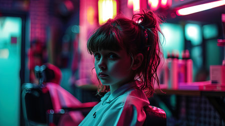 A portrait of a little princess in a barbershop with neon lights, emphasizing her cute hairstyle.の素材
