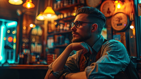 A portrait of a man in a retro style, emphasized by neon lighting and a vintage atmosphere of barb.の素材