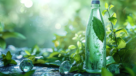 A refreshing bottle of water, with the addition of mint leaves, creates a feeling of lightness and.の素材