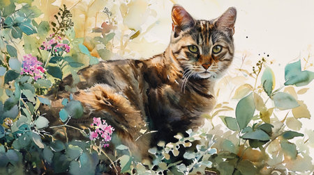 A watercolor portrait of a cat with soft flowing flowers, expressing grace and tranquility.の素材
