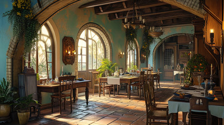 A premises in the style of Provence with wooden furniture, candles and arches reminiscent of Frenc.の素材