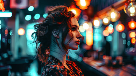 A picture of a stylish lady in a barbershop, where the contrast of lights in orange and blue shade.の素材