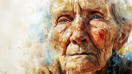 A portrait of an old woman, drawn with watercolors, with a wise look and wrinkles on her face.の素材