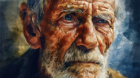 A portrait of an old man with a deep look and wise features, drawn by watercolor.の素材
