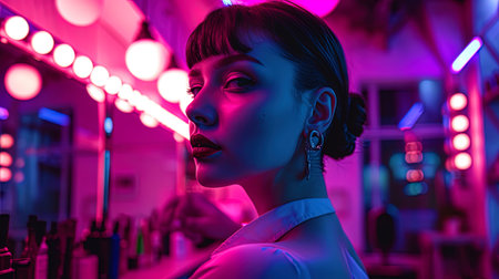 A portrait of an elegant lady in a neon barbershop, where pink and purple shades create an atmosph.の素材