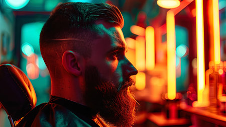 A portrait of a man with a beard and a characteristic haircut in a neon barbershop with warm lumin.の素材