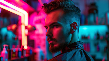 A portrait of a man in a barbershop, emphasized by neon lights surrounding his stylish haircut.の素材