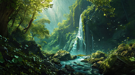 A planet covered with emerald forests and sapphire waterfalls emitting sparkling light.の素材