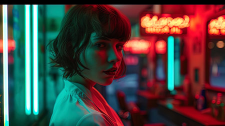 A portrait of a lady with a short haircut in a barbershop, where warm neon lights give comfort.の素材