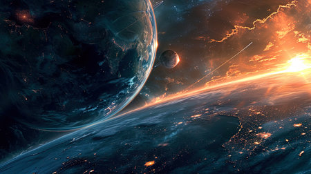 A planet surrounded by an atmosphere that makes the sounds of musical notes, creating a harmony of.の素材