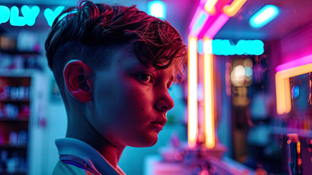 A portrait of a boy with a creative haircut in a neon barbershop, where luminous lights add fun.の素材