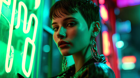 A portrait of a fashionable lady with a charismatic haircut in a barbershop lit by a green neon.の素材