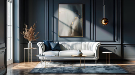 A stylish room with an ergonomic sofa and an abstract picture that embodies an art concept in the.の素材