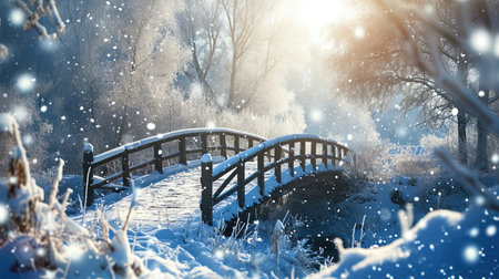 A snow covered bridge in a winter landscape framed by sparkling snow crystals and ice patterns.の素材