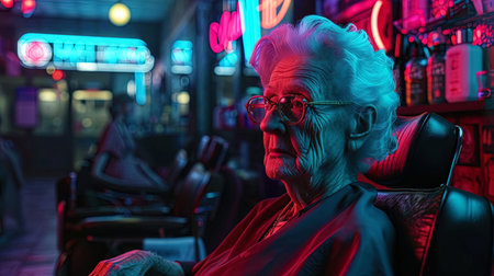 A portrait of an elderly lady with an elegant hairstyle in a barbershop surrounded by neon signs.の素材