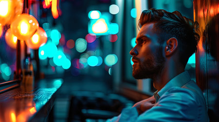 A portrait of a pretty guy whose appearance stands out by neon light and a sophisticated design of.の素材
