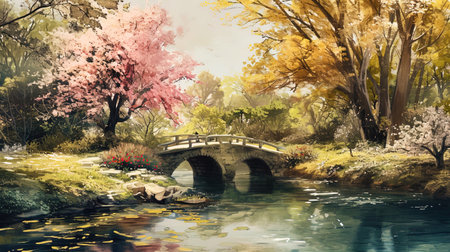A watercolor landscape with a bridge over a river surrounded by flowering trees.の素材