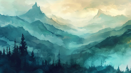 A romantic landscape with mountains immersed in a haze created by soft transitions of watercolor s.の素材