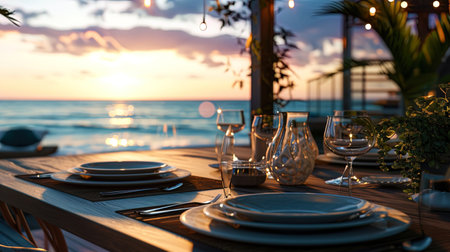 A table in a restaurant located on a terrace with a sea view, with porcelain dishes and fresh seaf.の素材