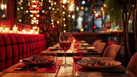 A view of a romantic table in a restaurant with bright red decorative elements and delicate snacks.の素材