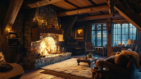 A room with a huge fireplace, wooden beams and fluffy carpets for warm and comfort of the evening.の素材