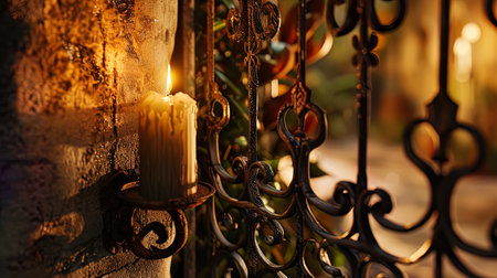A vintage candle in a wrought iron outlet, with embossed patterns, brings a note of ancient romance.の素材