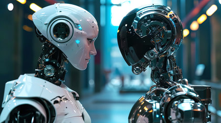 A robot and a person united by friendship are watched in one direction, as if ready to overcome te.の素材