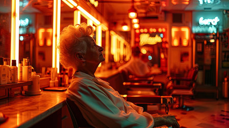 A portrait of a stylish lady of the elderly in a neon barbershop, where orange light lines create.の素材